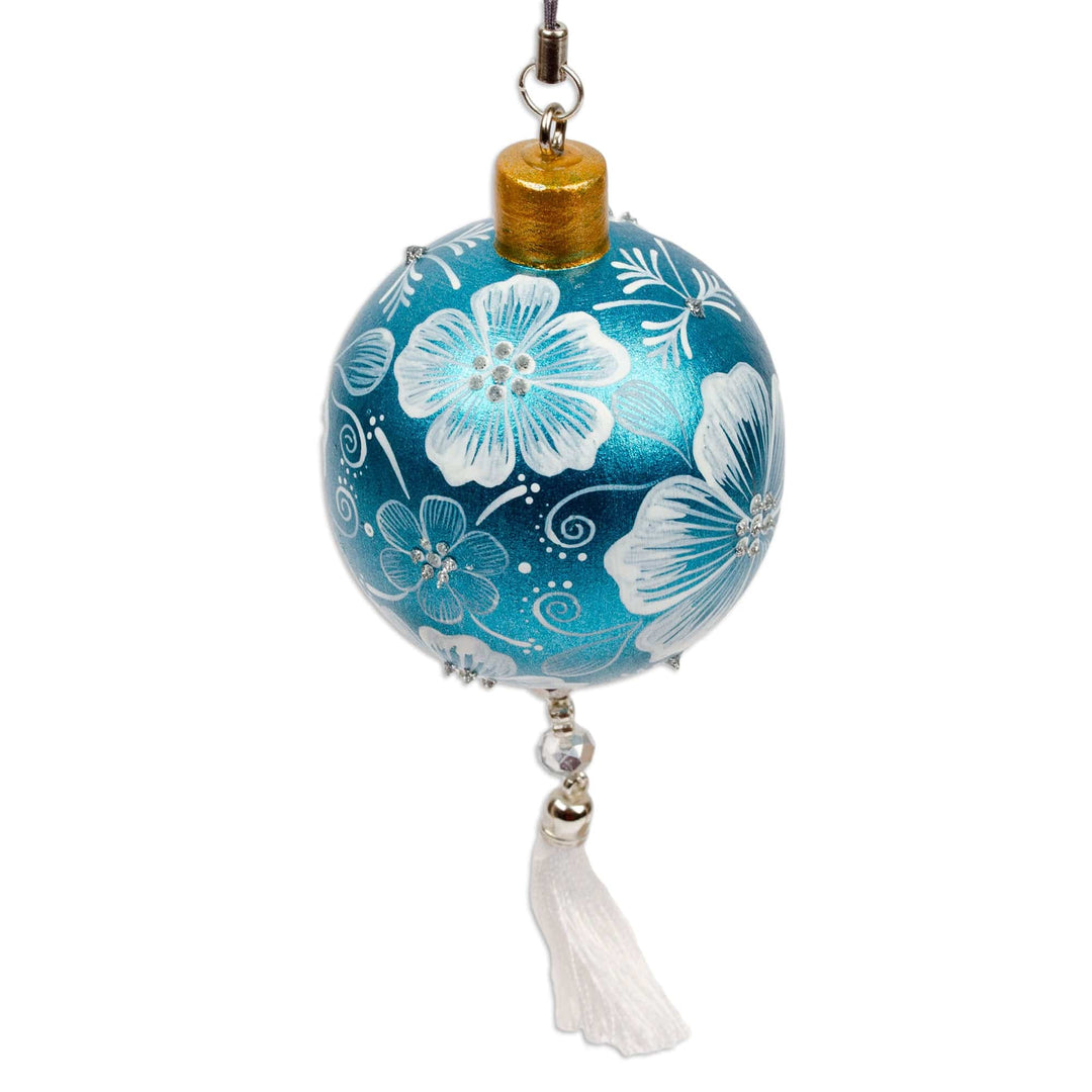 Painted Floral Copal Wood Ornament in Turquoise and White - Turquoise Elysium