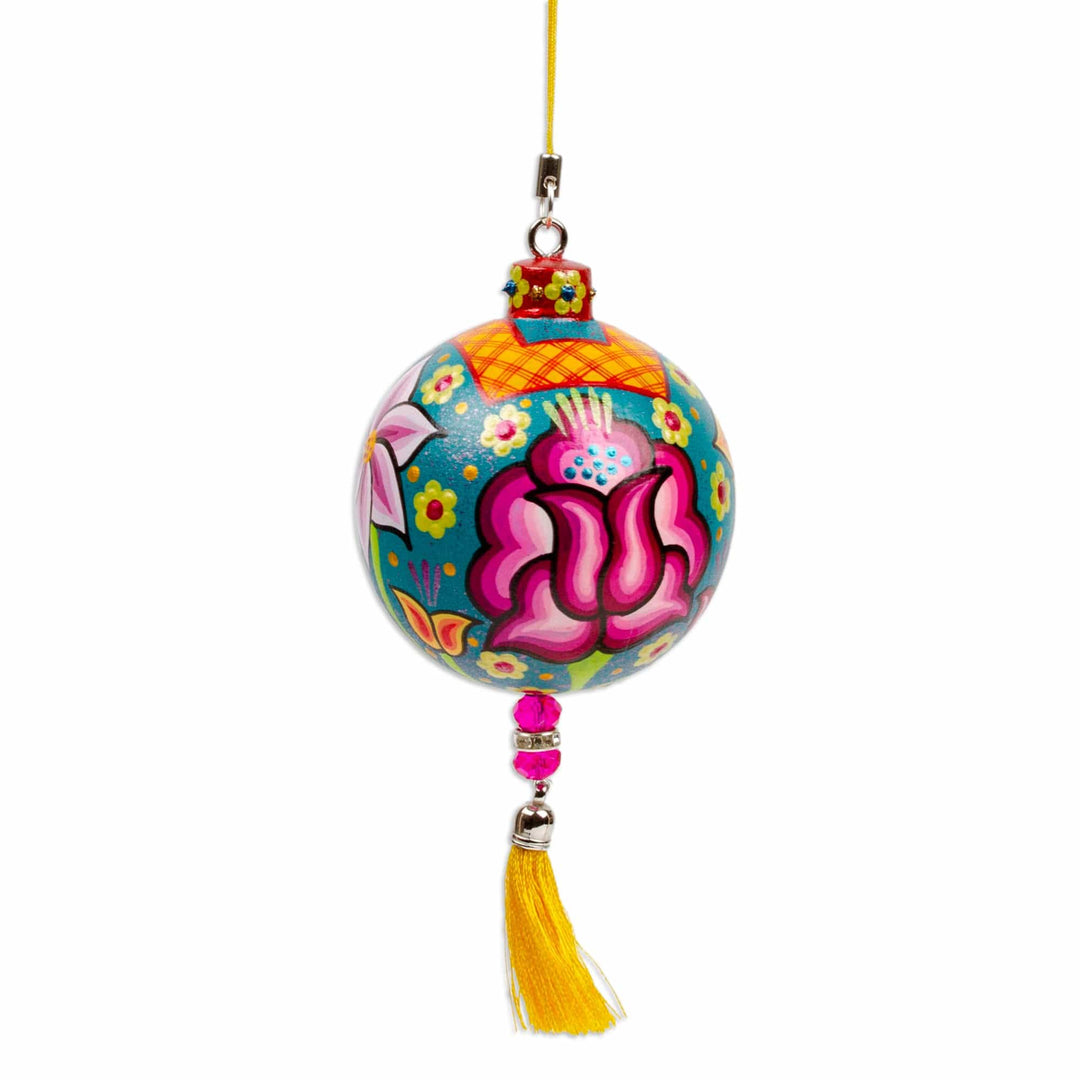 Hand-Painted Floral Copal Wood Ornament in a Teal Base Hue - Oaxaca's Teal Spring