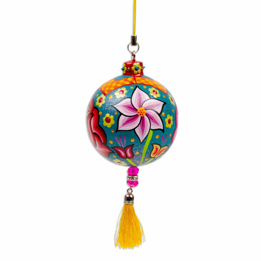 Hand-Painted Floral Copal Wood Ornament in a Teal Base Hue - Oaxaca's Teal Spring