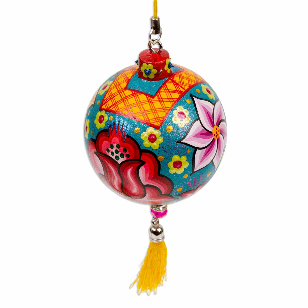 Hand-Painted Floral Copal Wood Ornament in a Teal Base Hue - Oaxaca's Teal Spring