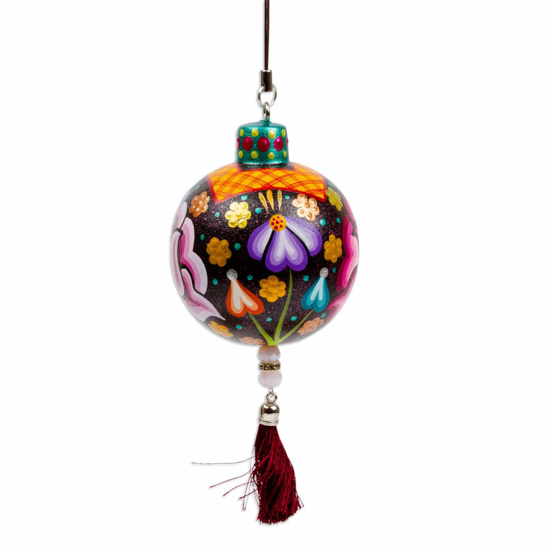 Hand-Painted Floral Copal Wood Ornament in Colorful Hues - Oaxaca's Night Spring