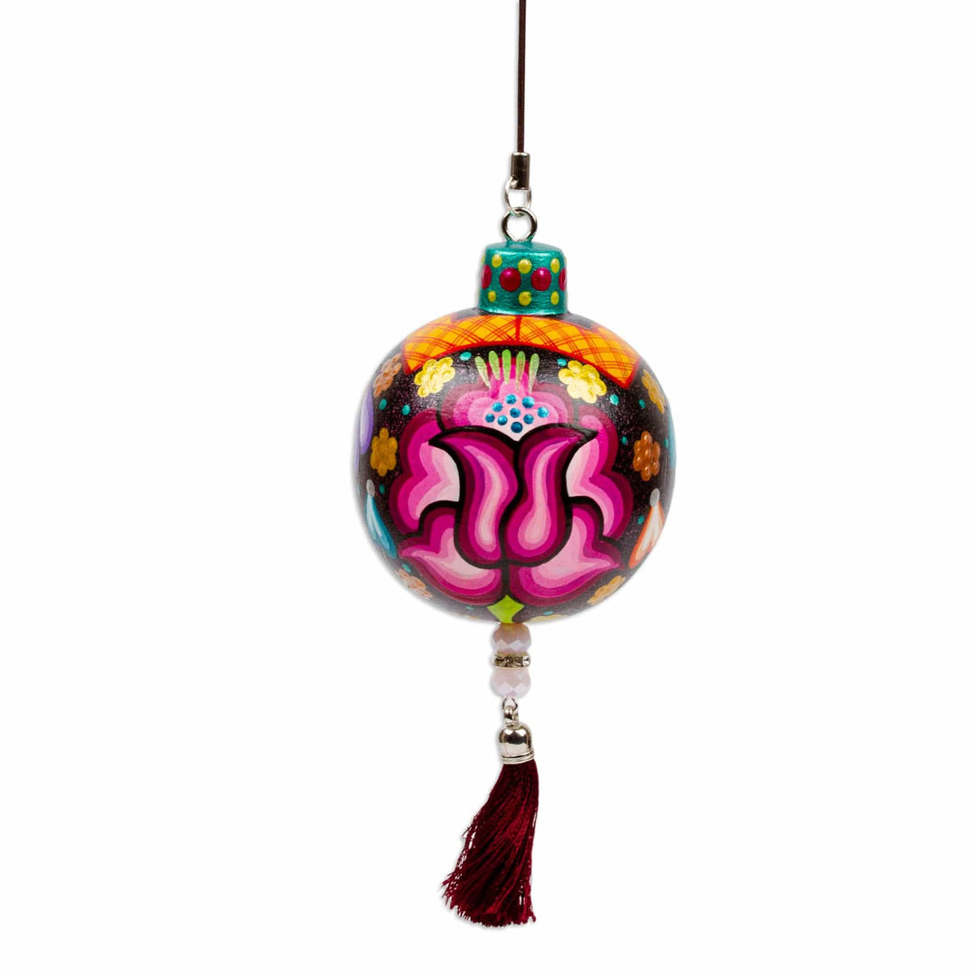 Hand-Painted Floral Copal Wood Ornament in Colorful Hues - Oaxaca's Night Spring