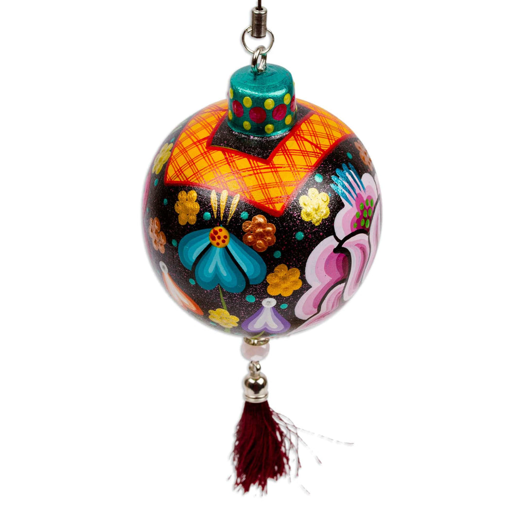 Hand-Painted Floral Copal Wood Ornament in Colorful Hues - Oaxaca's Night Spring