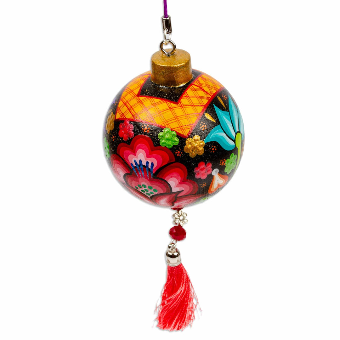 Hand-Painted Floral Copal Wood Ornament in Red Hues - Oaxaca's Red Spring