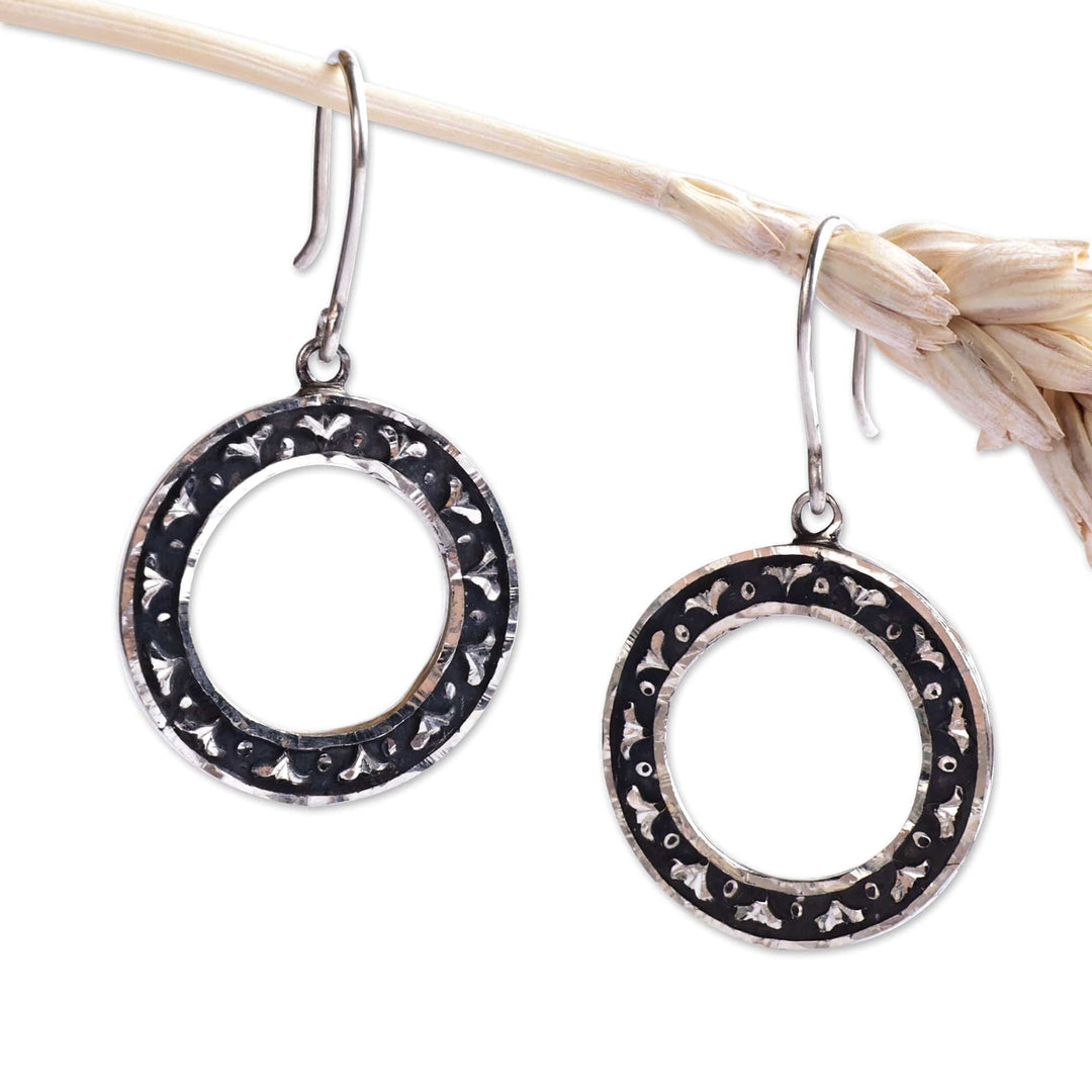 Polished Round Floral Sterling Silver Dangle Earrings - Mountain Halo