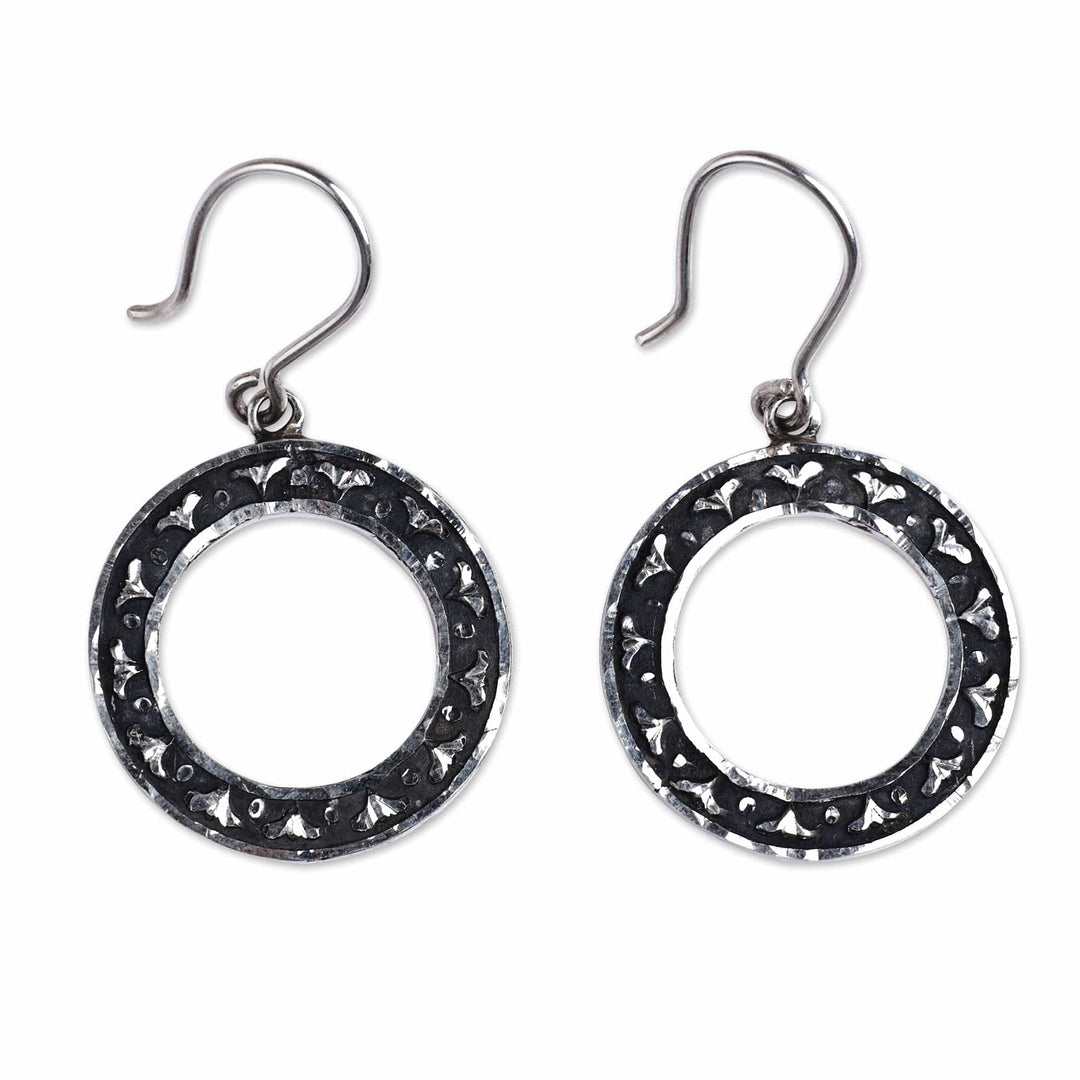 Polished Round Floral Sterling Silver Dangle Earrings - Mountain Halo