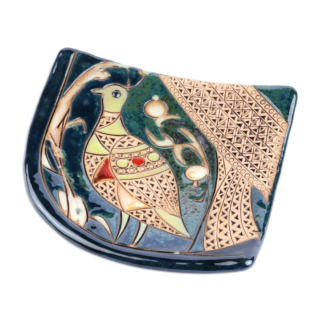 Traditional Bird-Themed Glazed Blue Ceramic Plate - Bird of Elegance