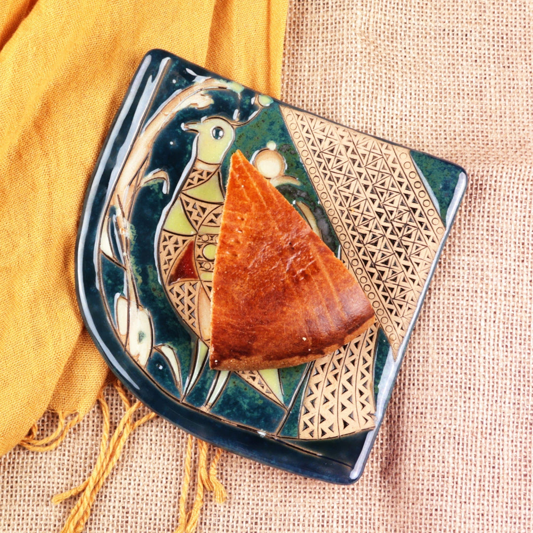 Traditional Bird-Themed Glazed Blue Ceramic Plate - Bird of Elegance