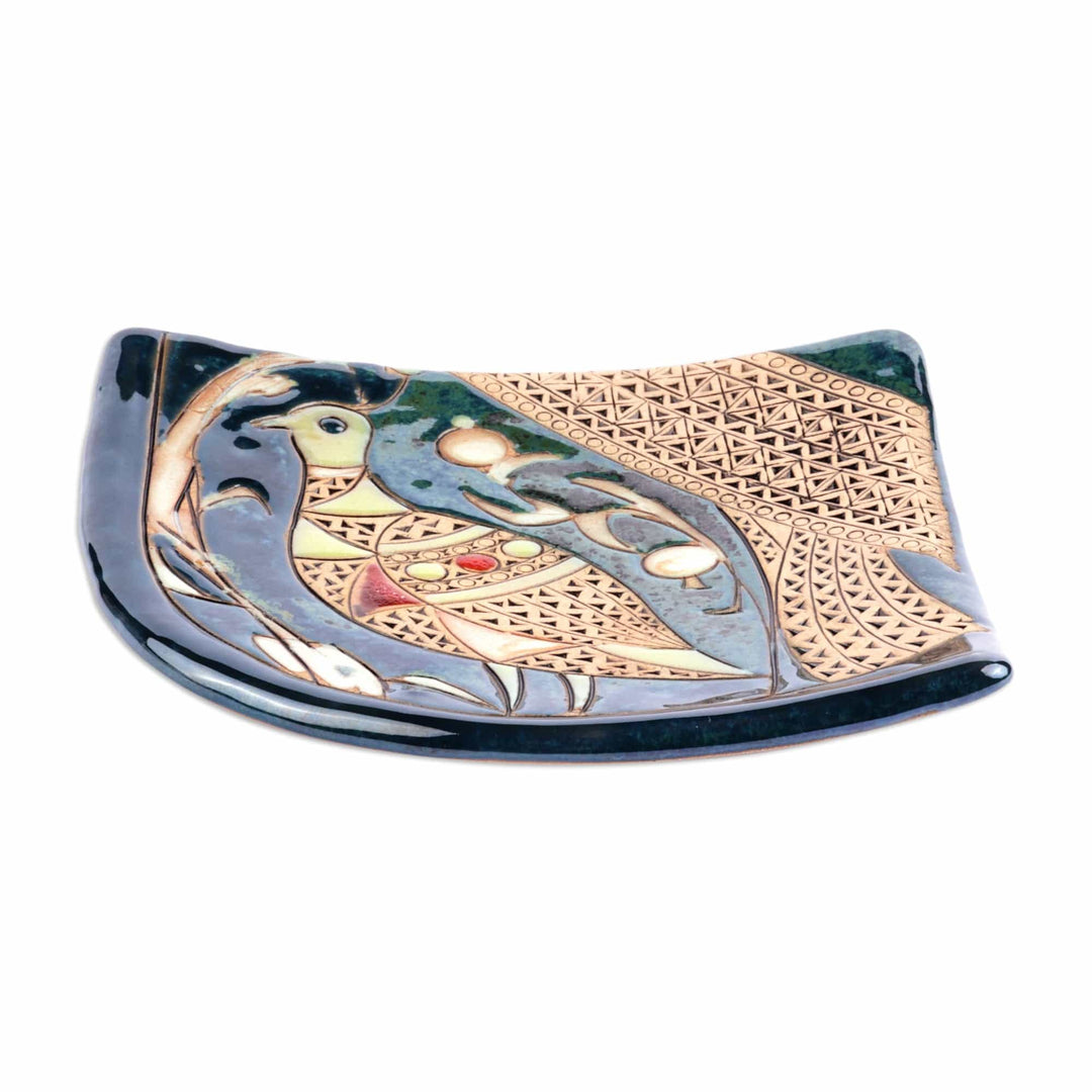 Traditional Bird-Themed Glazed Blue Ceramic Dessert Plate - Blue of Elegance