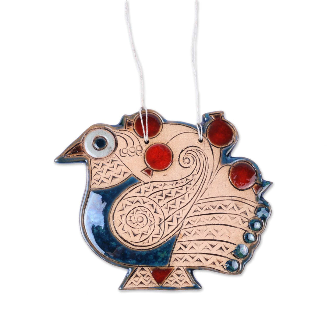 Peacock and Pomegranate-Themed Blue and Red Ceramic Ornament - Spiritual Messenger