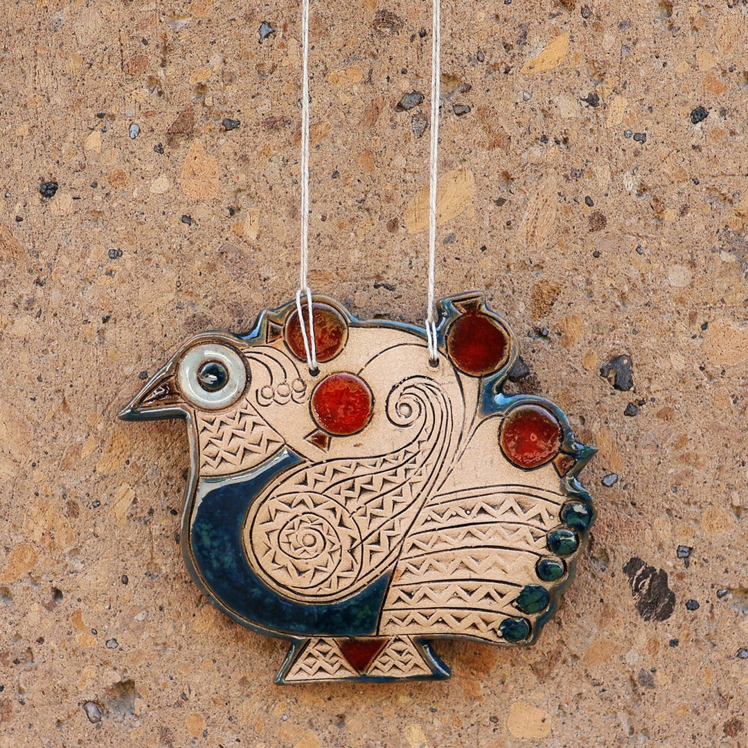 Peacock and Pomegranate-Themed Blue and Red Ceramic Ornament - Spiritual Messenger