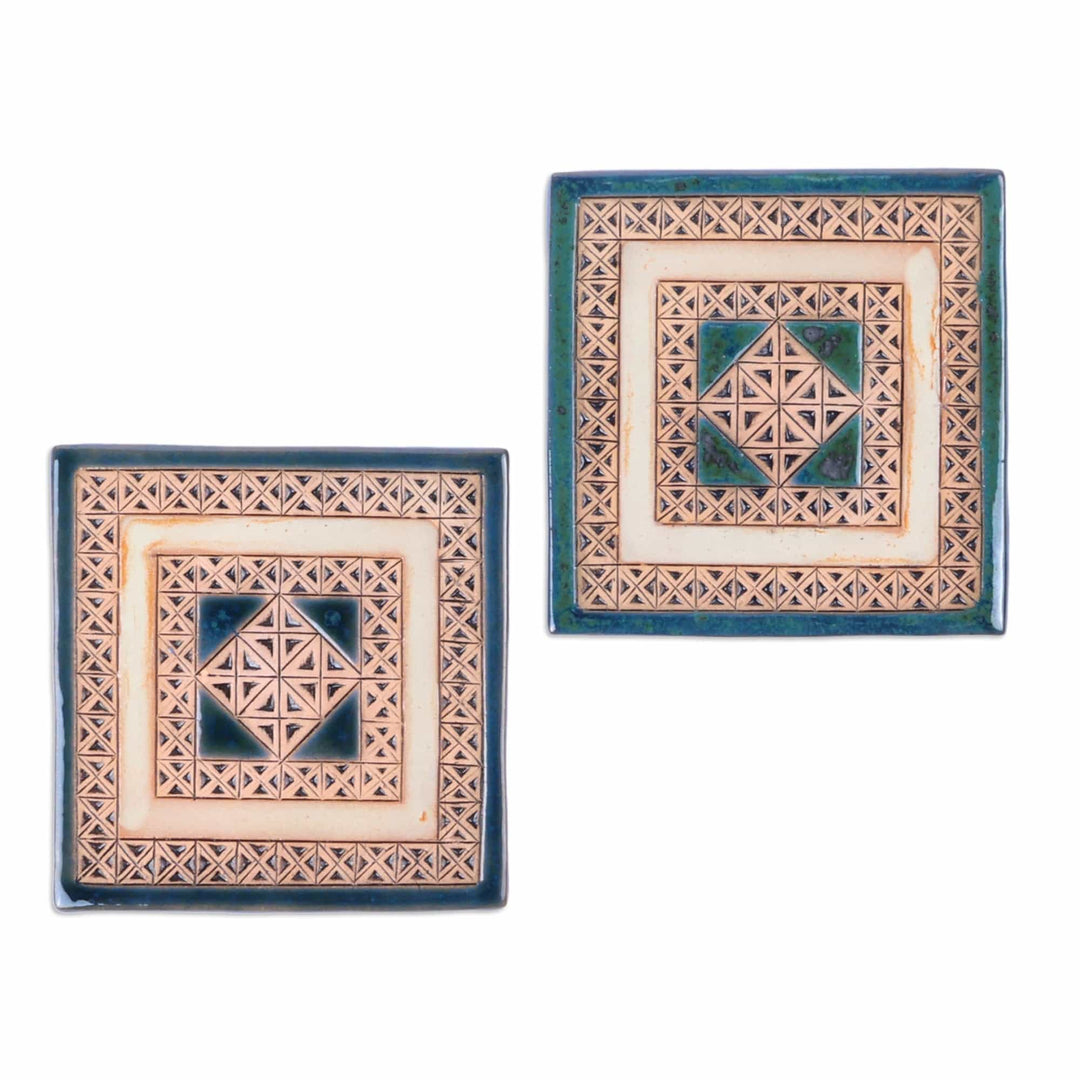 Pair of Handcrafted Geometric Ceramic Coasters in Blue - Blue Cosmopolis