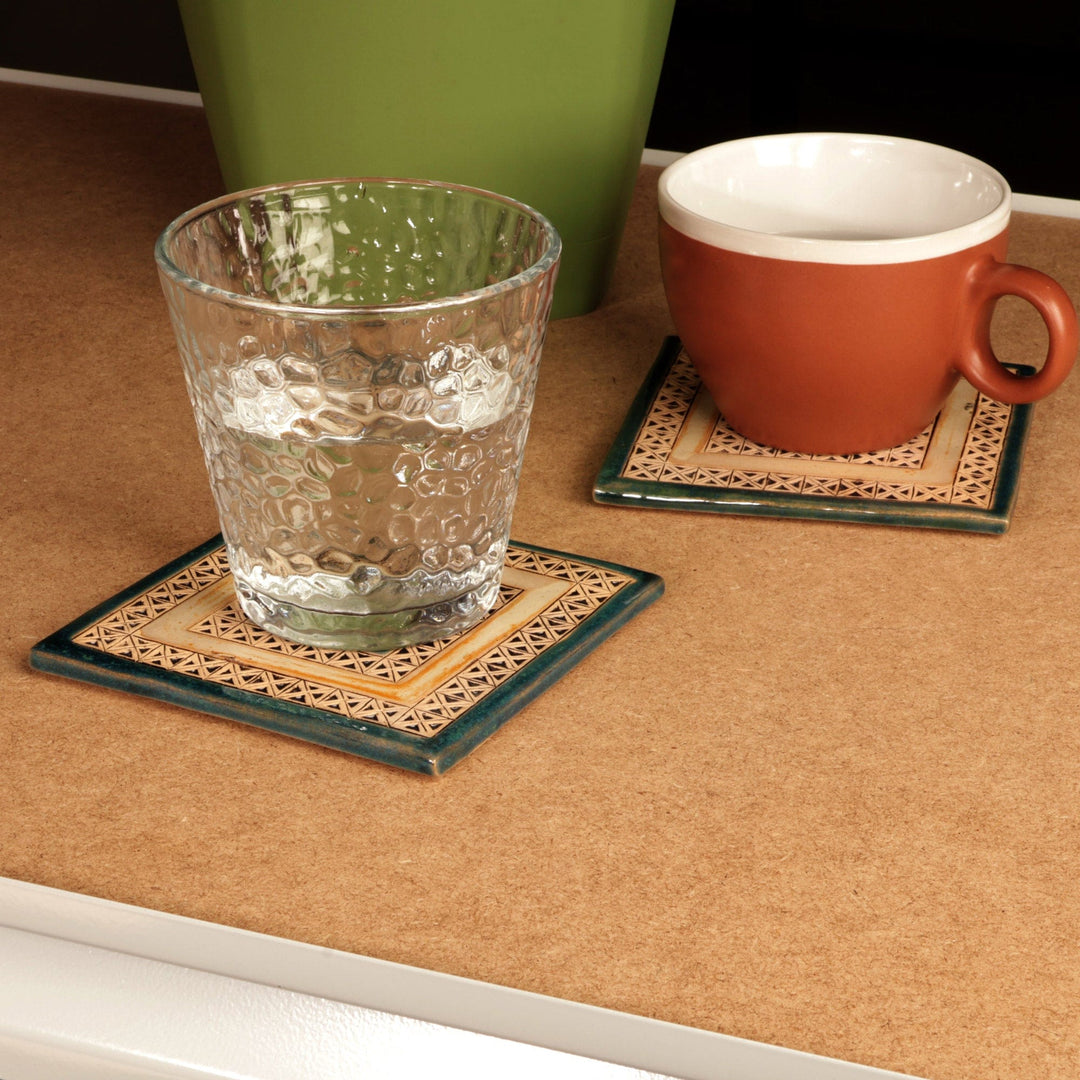 Pair of Handcrafted Geometric Ceramic Coasters in Blue - Blue Cosmopolis