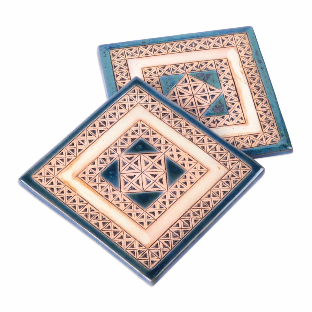 Pair of Handcrafted Geometric Ceramic Coasters in Blue - Blue Cosmopolis