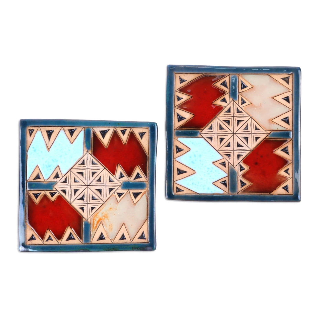 Pair of Handcrafted Ceramic Coasters in Blue and Red Hues - Blue Metropolis