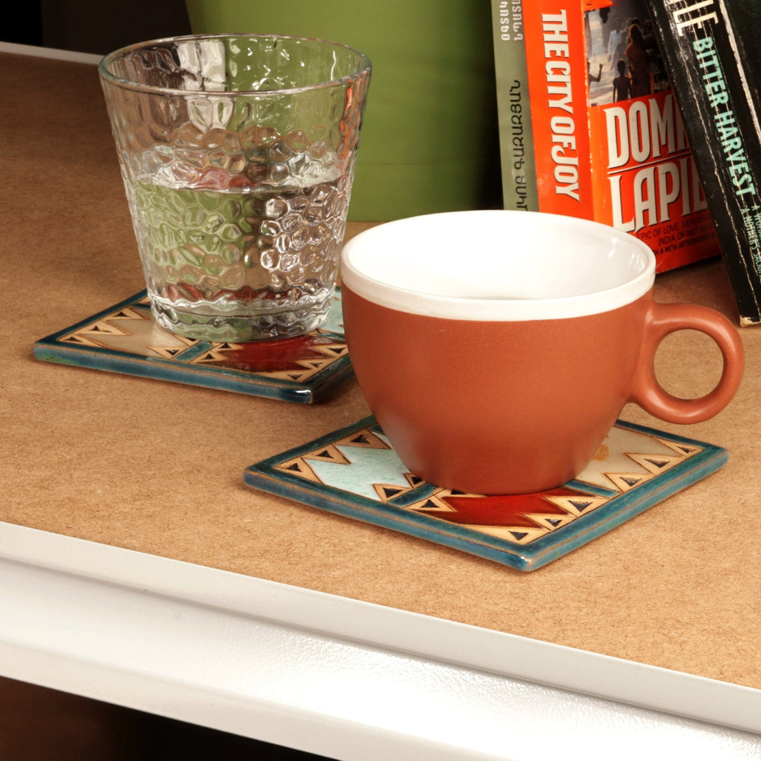 Pair of Handcrafted Ceramic Coasters in Blue and Red Hues - Blue Metropolis