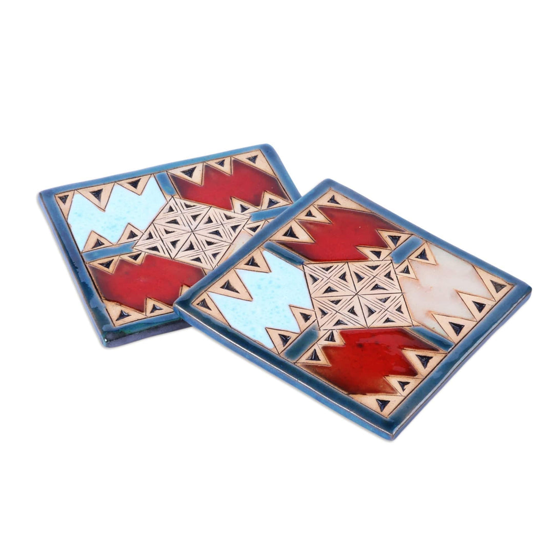 Pair of Handcrafted Ceramic Coasters in Blue and Red Hues - Blue Metropolis