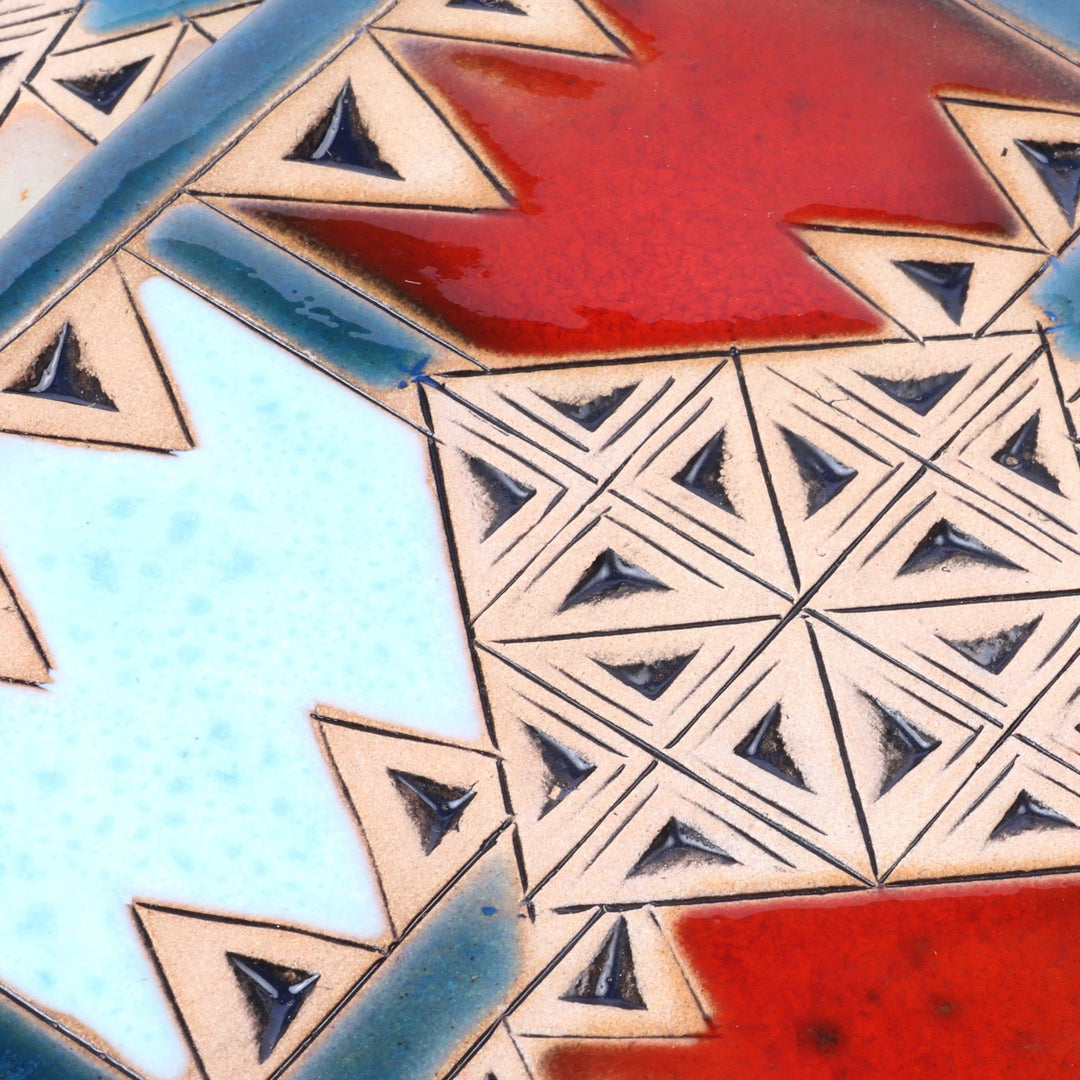Pair of Handcrafted Ceramic Coasters in Blue and Red Hues - Blue Metropolis