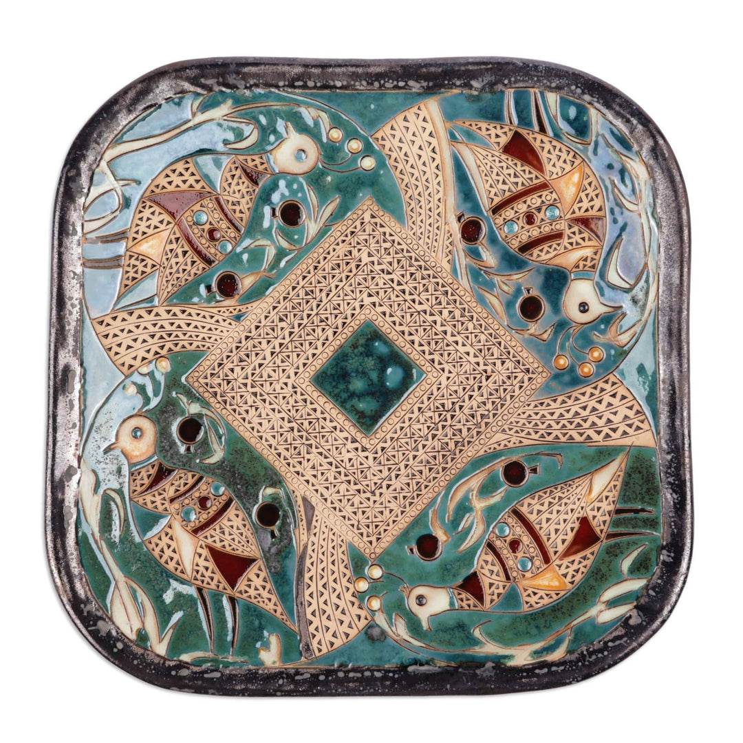 Bird-Themed Glazed Green and Brown Ceramic Platter - Majestic Pond
