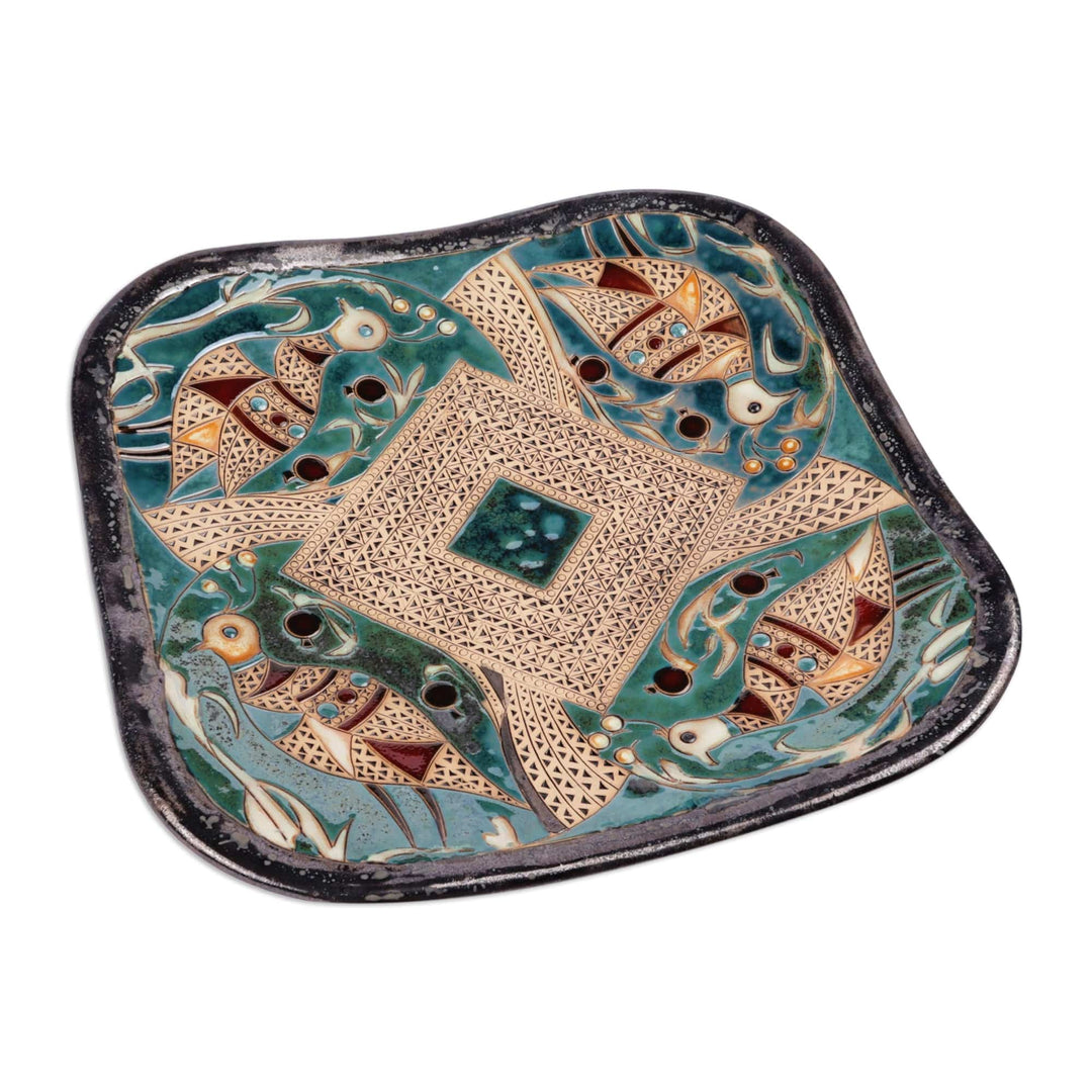 Bird-Themed Glazed Green and Brown Ceramic Platter - Majestic Pond