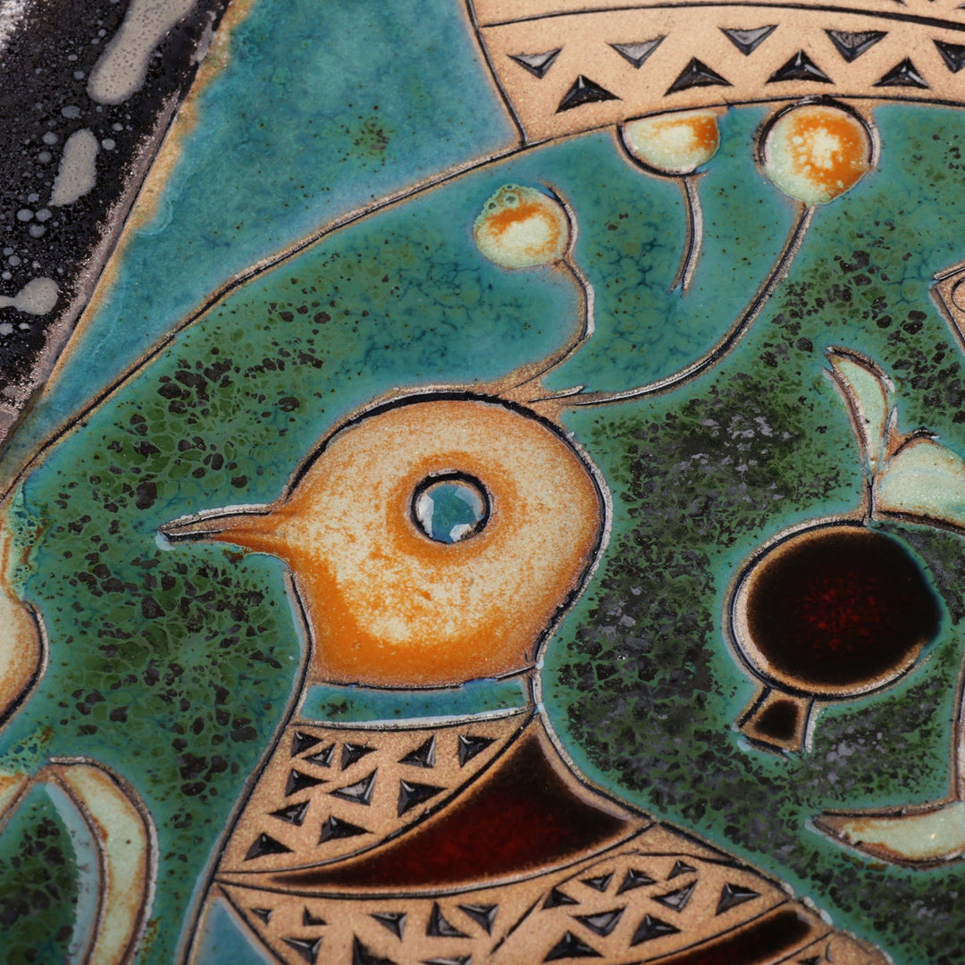 Bird-Themed Glazed Green and Brown Ceramic Platter - Majestic Pond