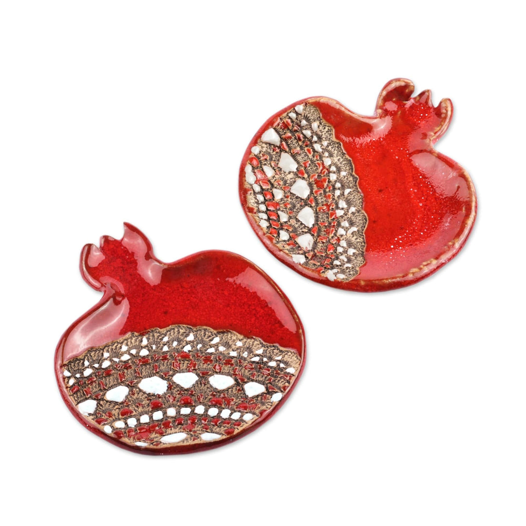 2 Glazed Ceramic Pomegranate Catchalls in Red White & Grey - Vibrant Red Pomegranate