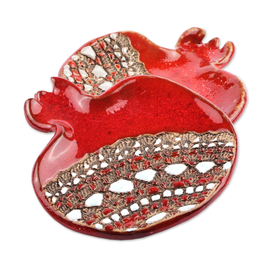 2 Glazed Ceramic Pomegranate Catchalls in Red White & Grey - Vibrant Red Pomegranate