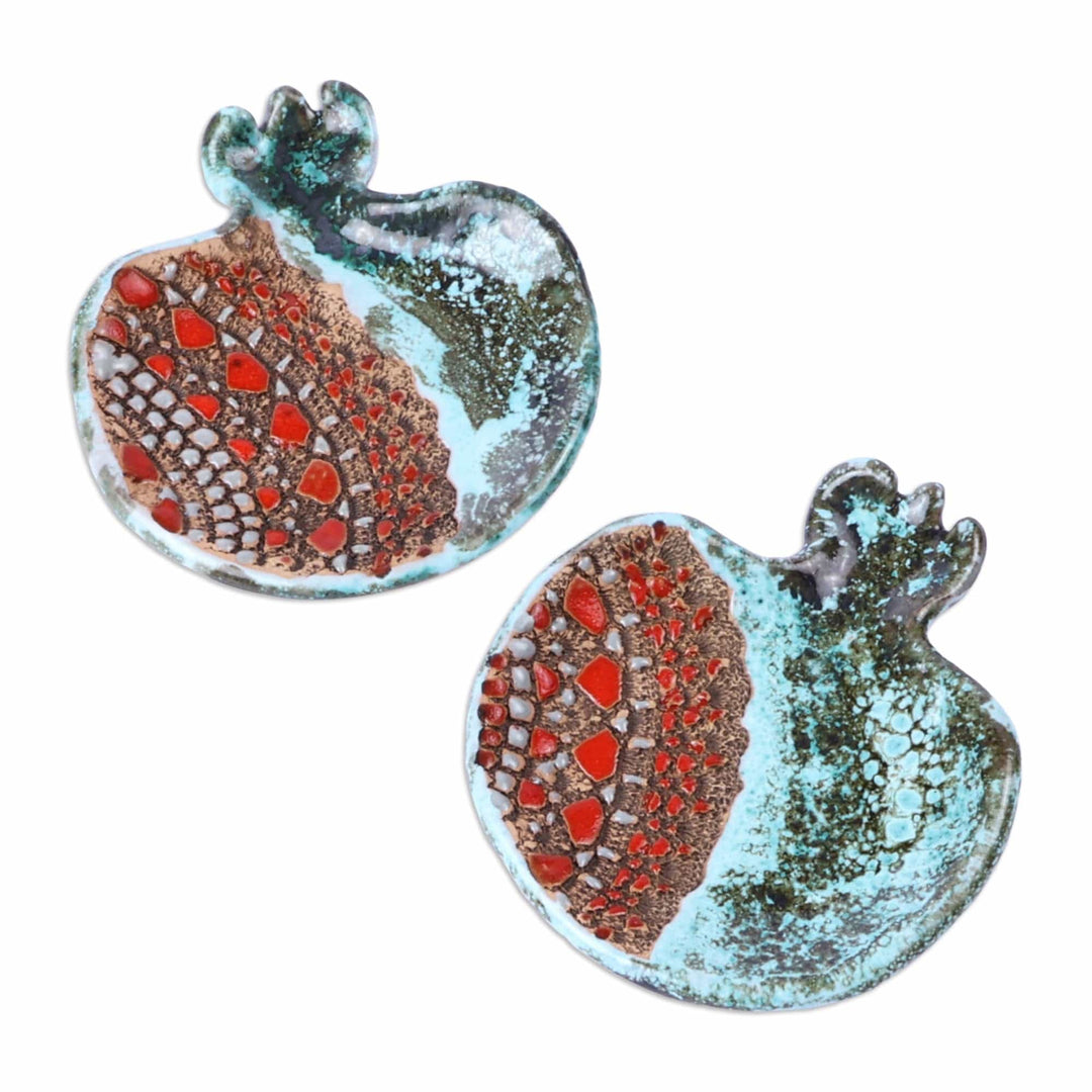Pair of Turquoise and Red Ceramic Pomegranate Catchalls - Omens from the Lagoon