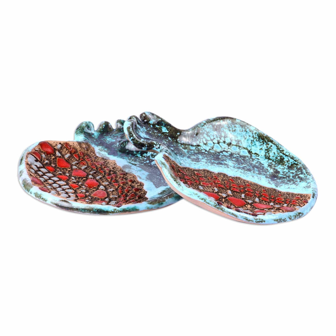 Pair of Turquoise and Red Ceramic Pomegranate Catchalls - Omens from the Lagoon
