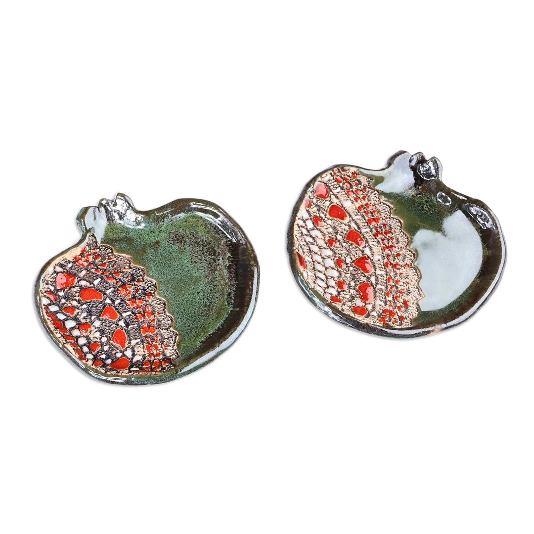 Pair of Glazed Ceramic Pomegranate Catchalls in Green - Vibrant Green Pomegranate