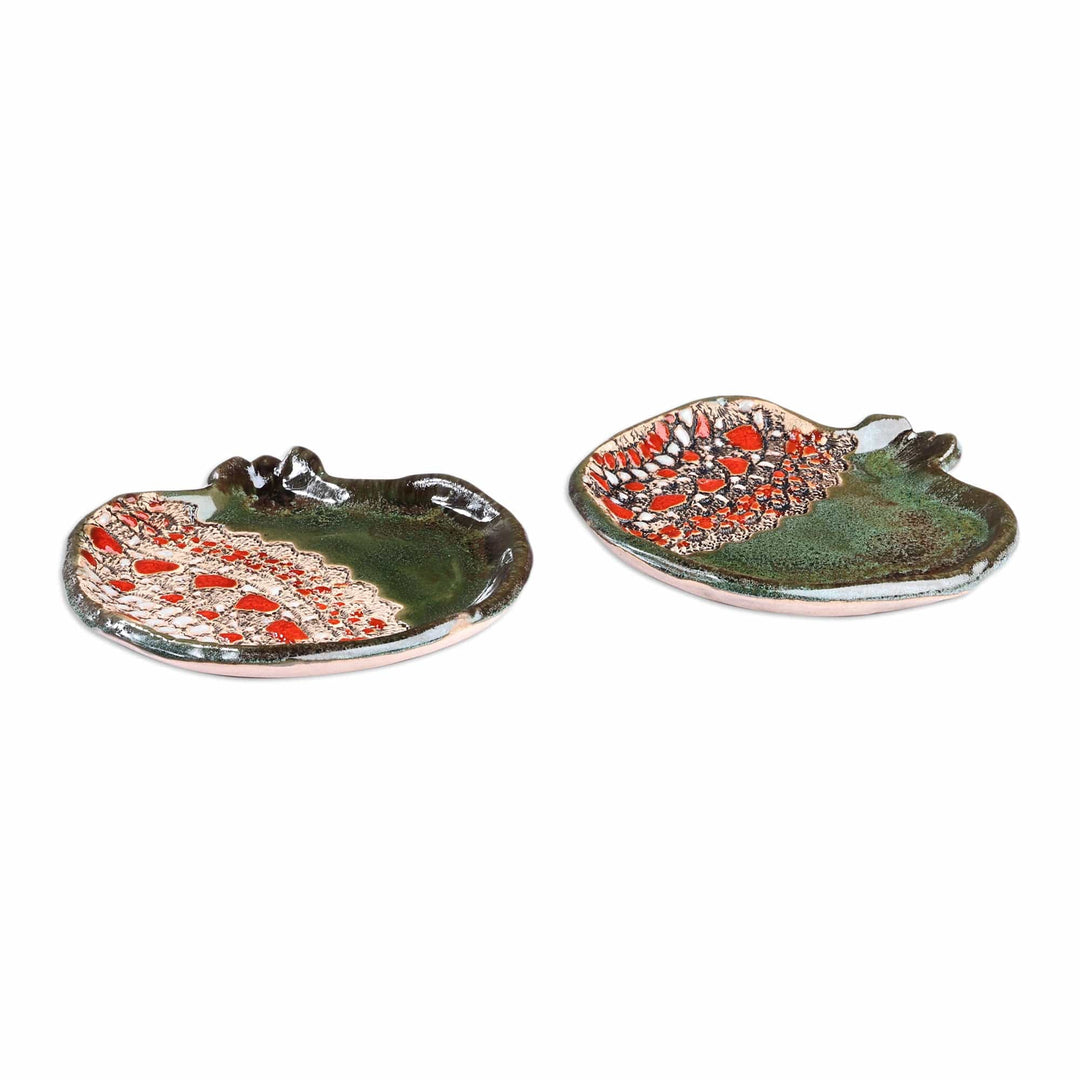 Pair of Glazed Ceramic Pomegranate Catchalls in Green - Vibrant Green Pomegranate