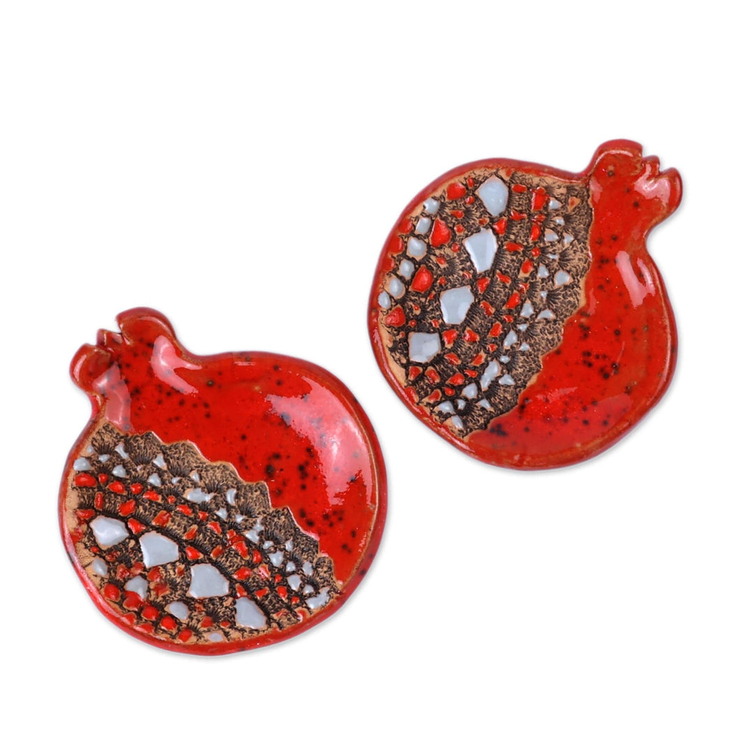 Pair of Red and Grey Glazed Ceramic Pomegranate Catchalls - Sweet Pomegranate