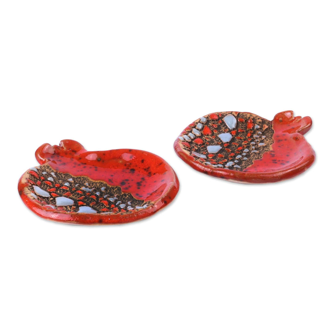 Pair of Red and Grey Glazed Ceramic Pomegranate Catchalls - Sweet Pomegranate
