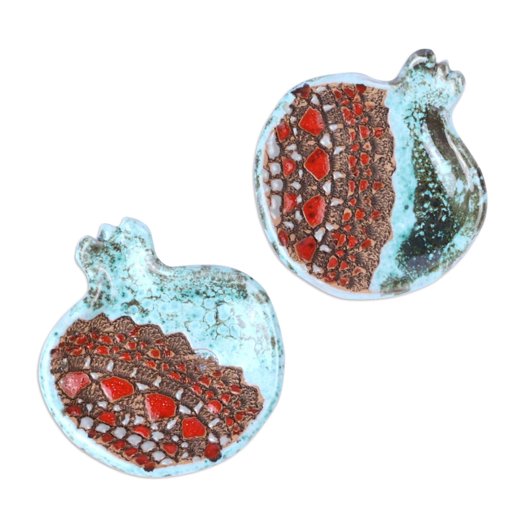 Pair of Glazed Aqua and Red Ceramic Pomegranate Catchalls - Omens from the Sky