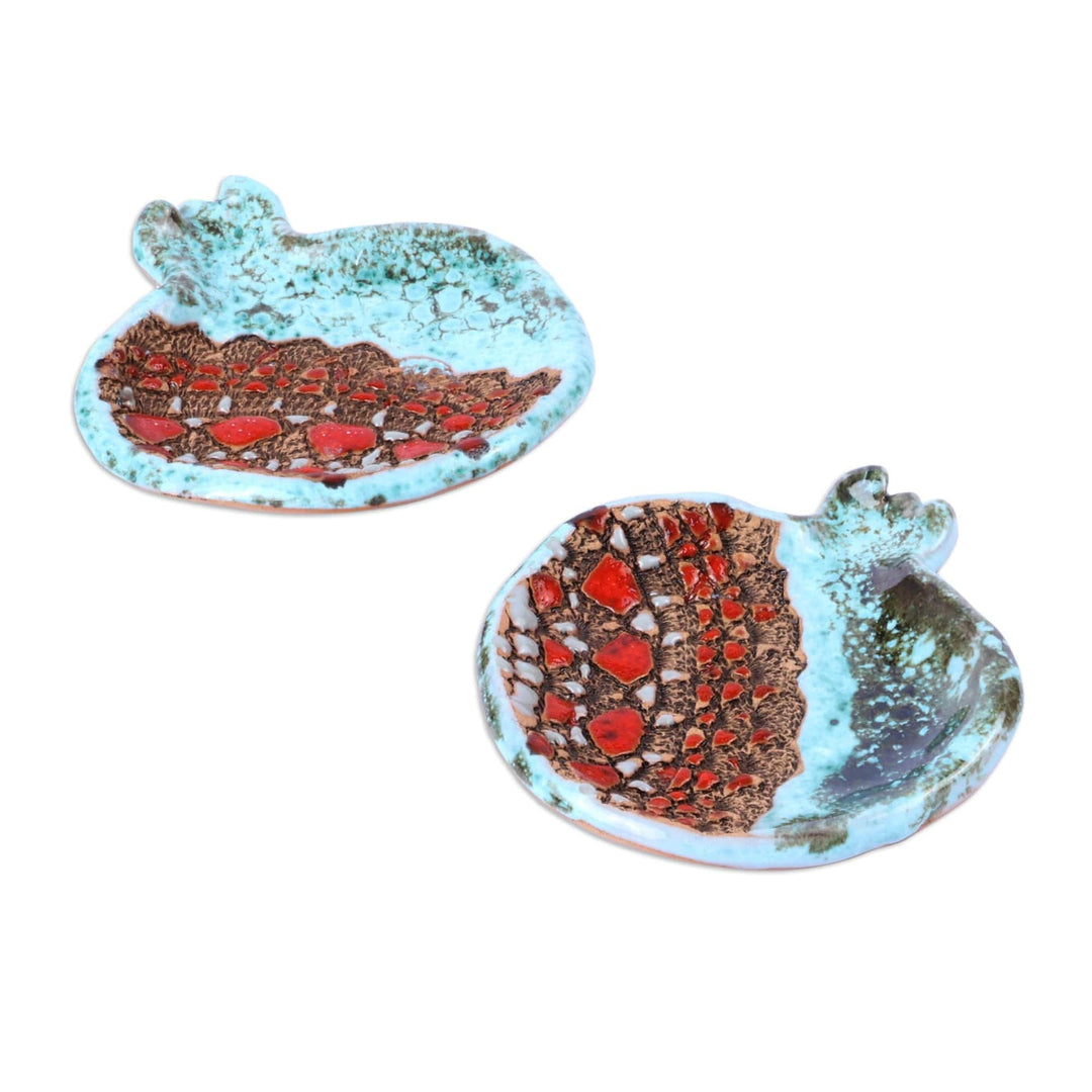 Pair of Glazed Aqua and Red Ceramic Pomegranate Catchalls - Omens from the Sky