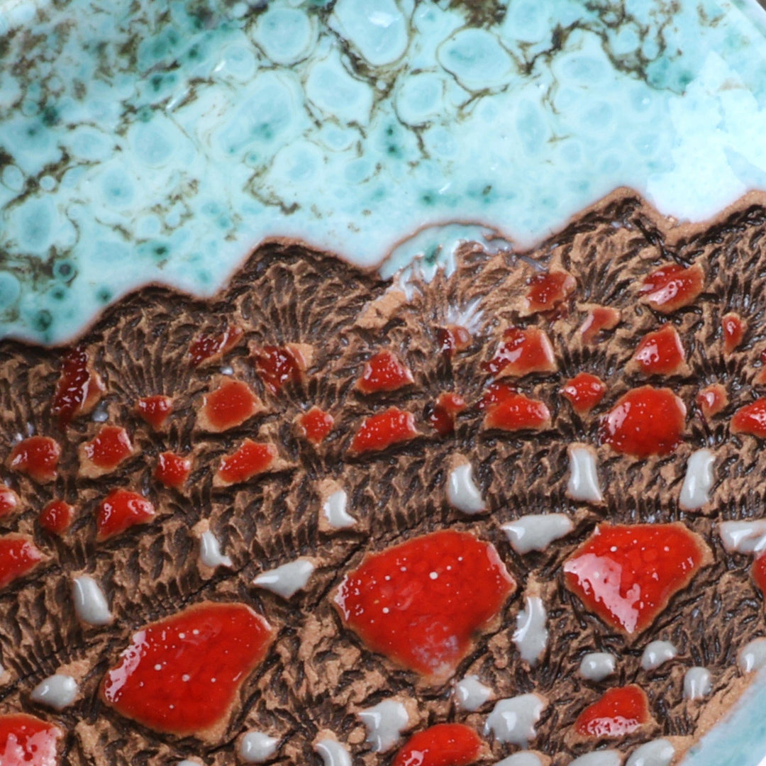 Pair of Glazed Aqua and Red Ceramic Pomegranate Catchalls - Omens from the Sky
