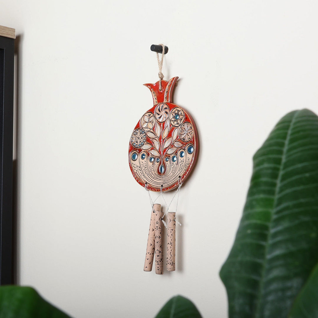 Pomegranate-Themed Red and Blue Ceramic Windchime - Eternal Rhythms