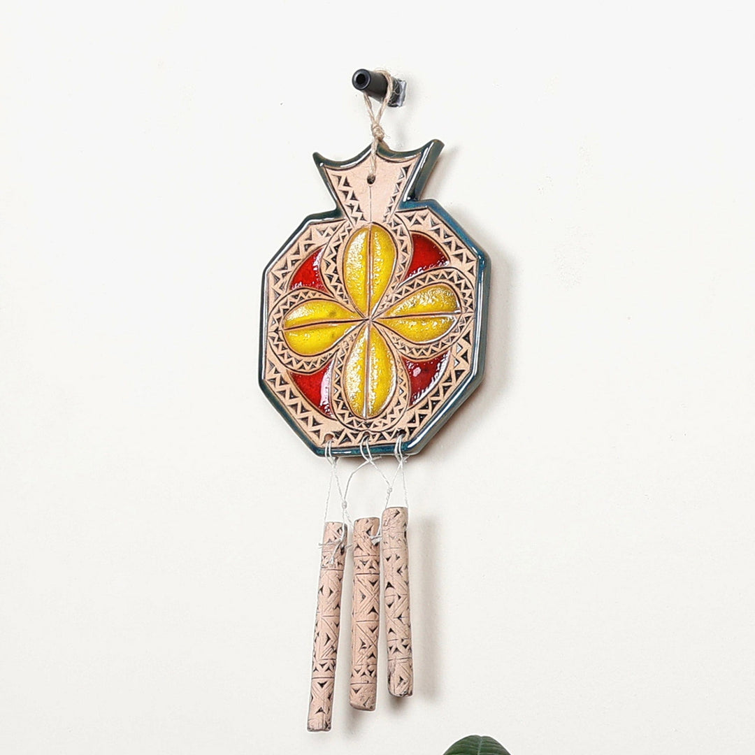 Floral Pomegranate-Shaped Ceramic Windchime in Yellow - Prosperity Melodies