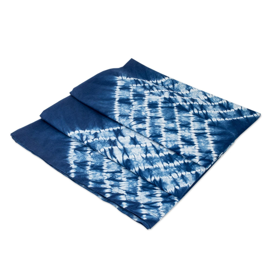 Geometric Tie-Dyed Indigo and White Cotton Tablecloth - Ancestral Arts