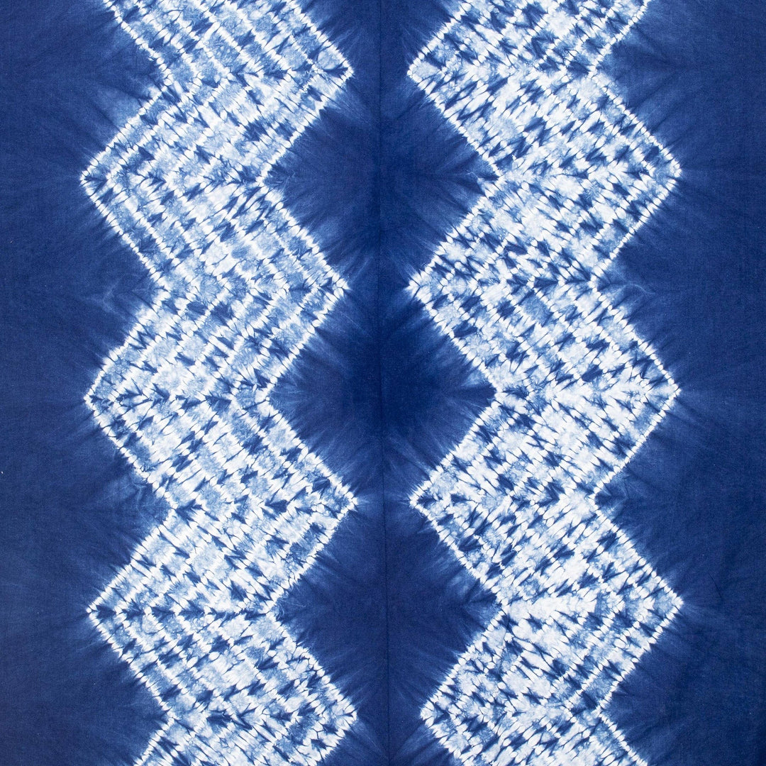 Geometric Tie-Dyed Indigo and White Cotton Tablecloth - Ancestral Arts