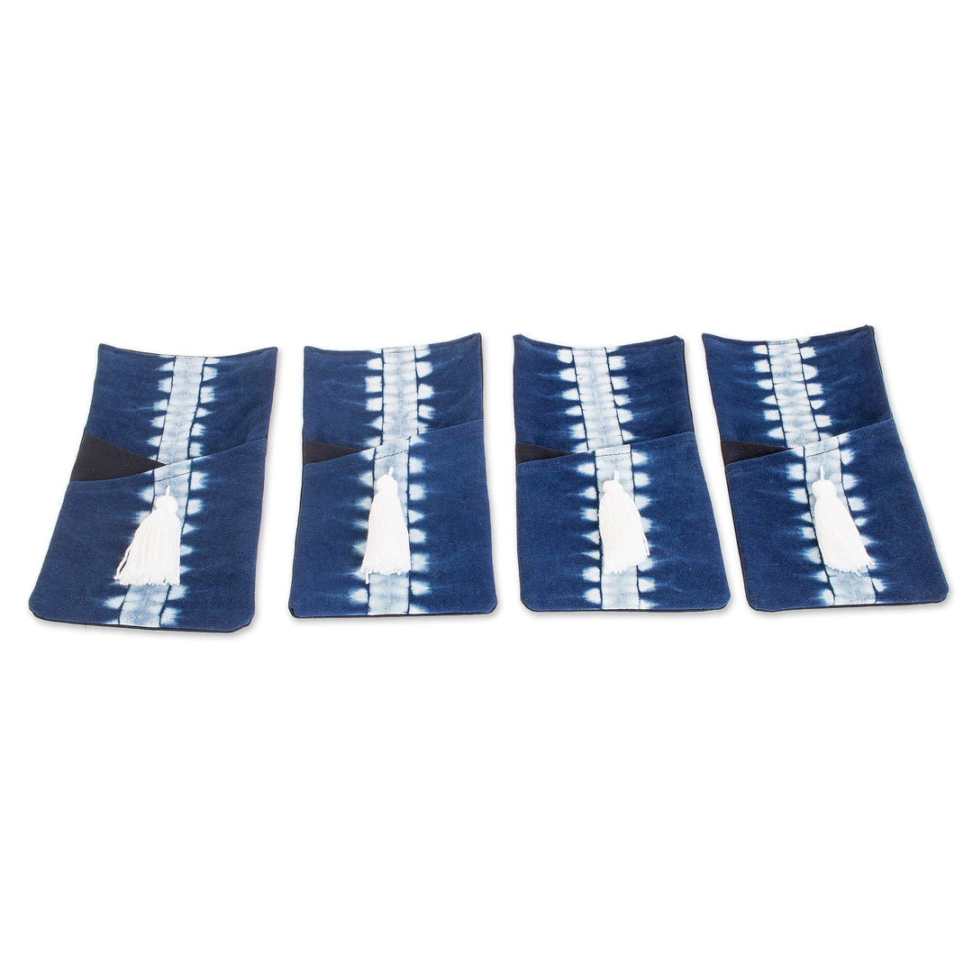 Set of Four Tie-Dyed Blue and White Cotton Cutlery Holders - Harmonious Indigo