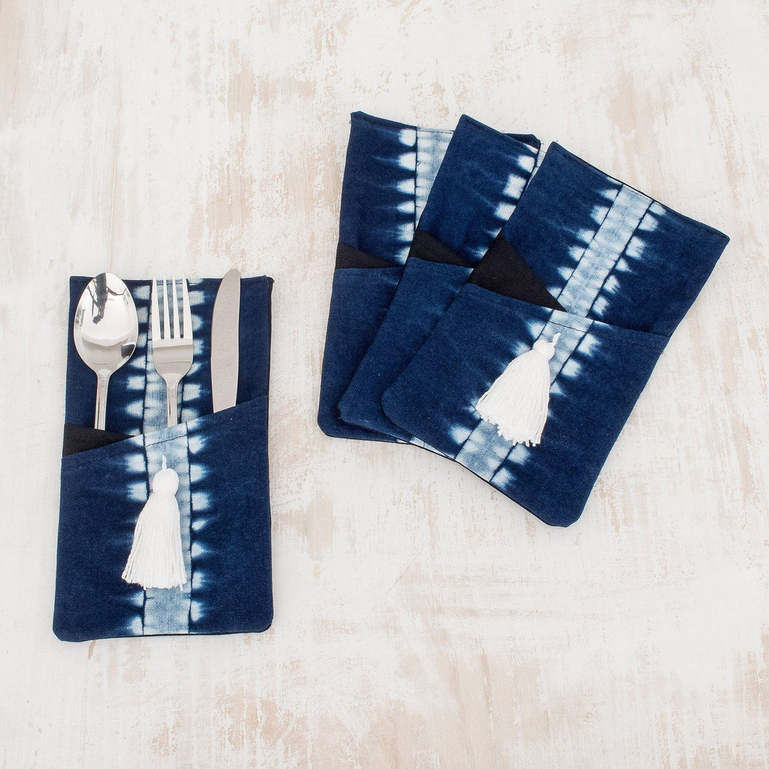 Set of Four Tie-Dyed Blue and White Cotton Cutlery Holders - Harmonious Indigo