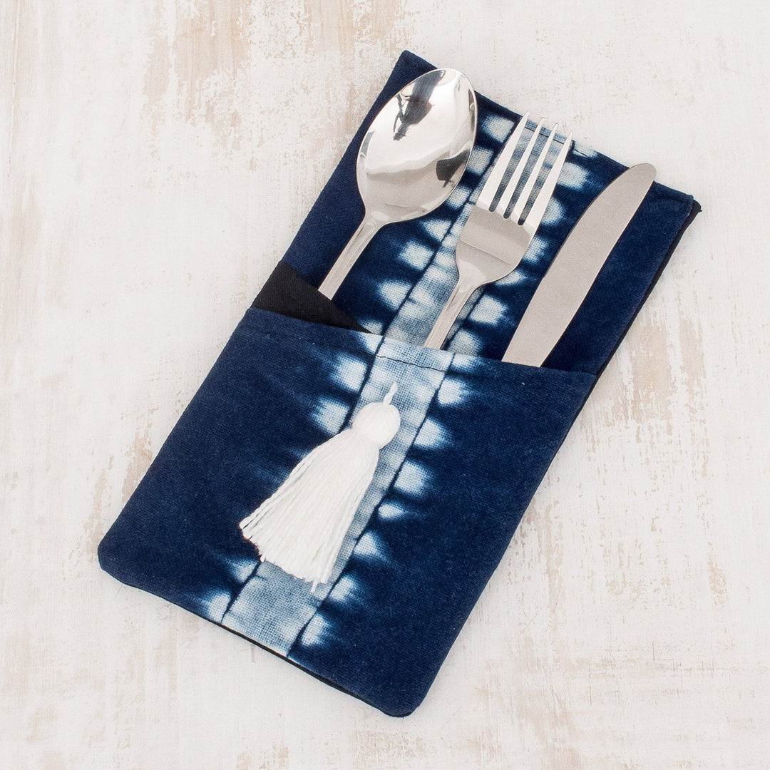 Set of Four Tie-Dyed Blue and White Cotton Cutlery Holders - Harmonious Indigo