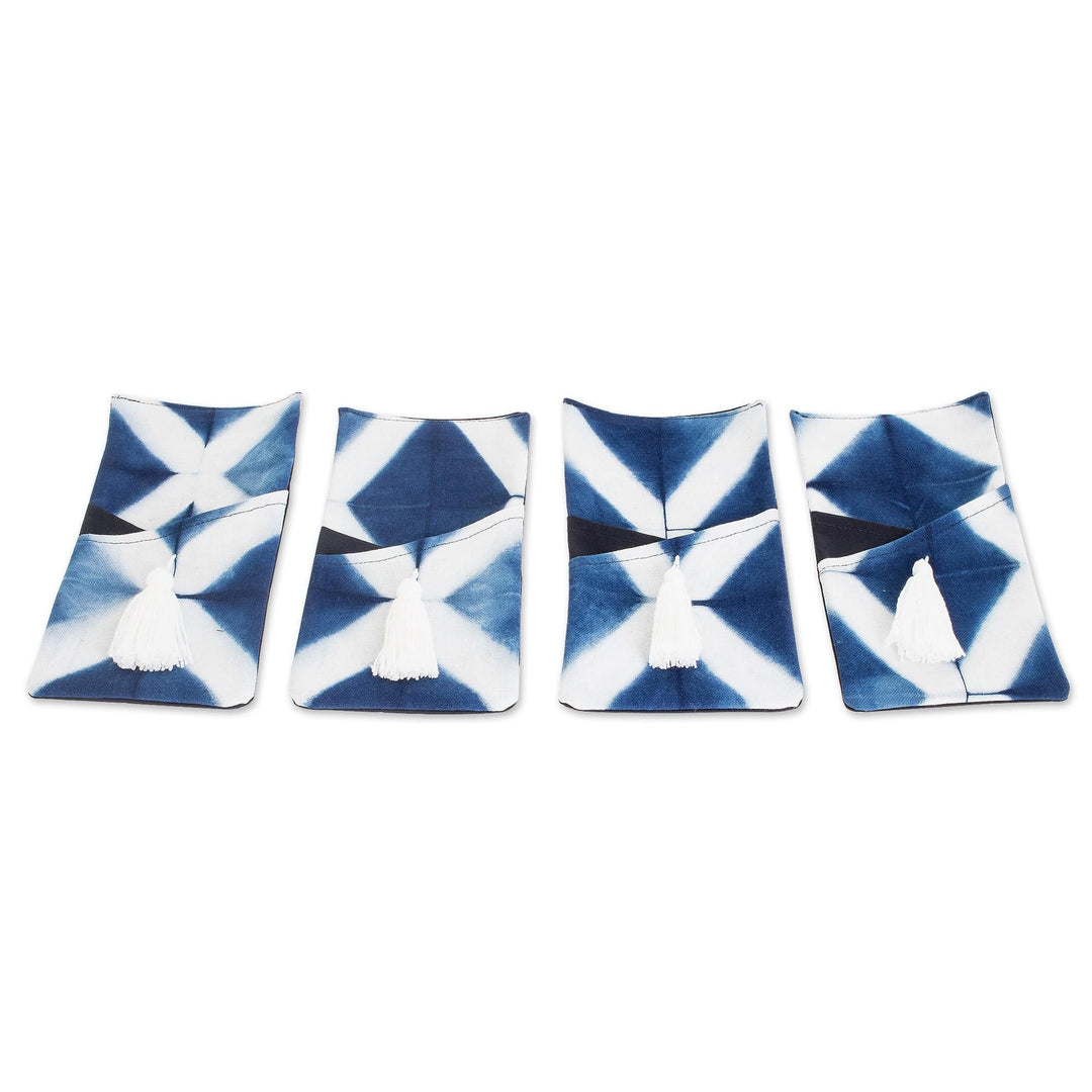 Set of Four Tie-Dyed Indigo and White Cotton Cutlery Holders - Elegant Indigo