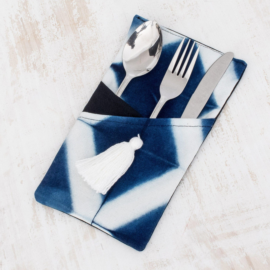 Set of Four Tie-Dyed Indigo and White Cotton Cutlery Holders - Elegant Indigo