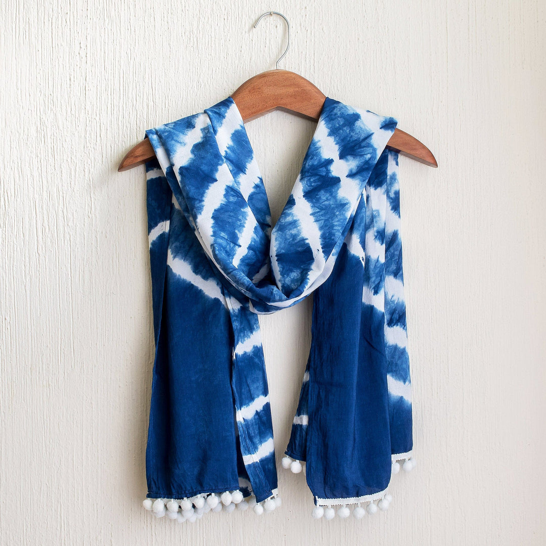 Tie-Dyed Indigo and White Cotton Scarf from El Salvador - Infinite Indigo