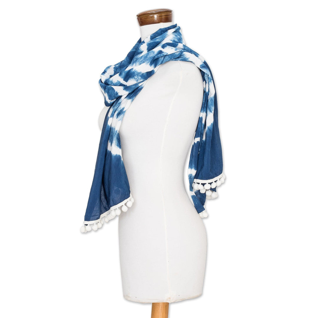 Tie-Dyed Indigo and White Cotton Scarf from El Salvador - Infinite Indigo