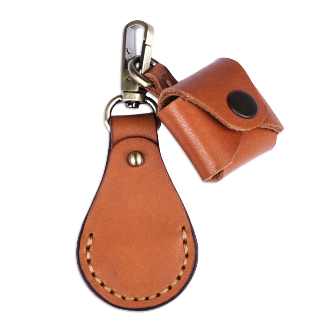 100% Brown Leather Earbud Holder and Keychain Set - Lucky Melody in Brown