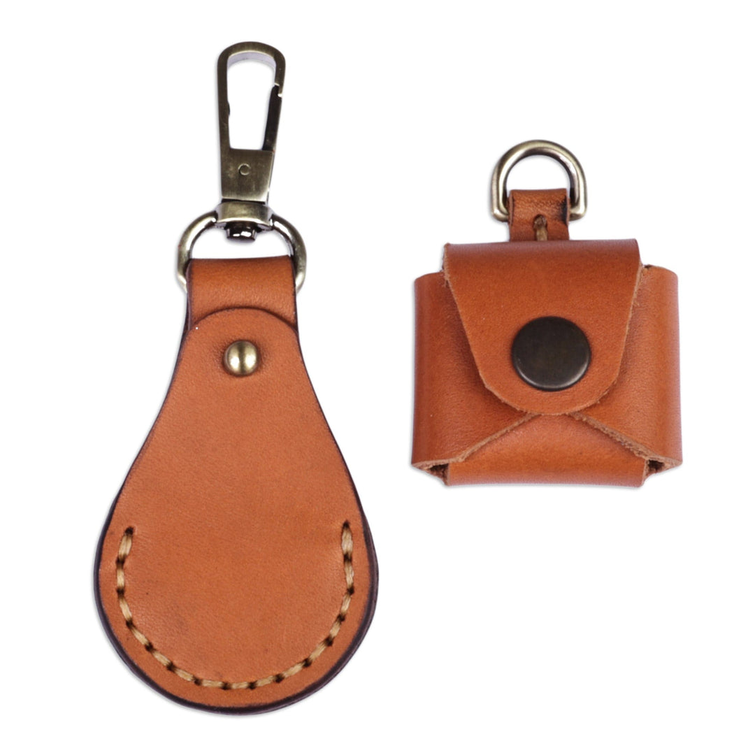 100% Brown Leather Earbud Holder and Keychain Set - Lucky Melody in Brown