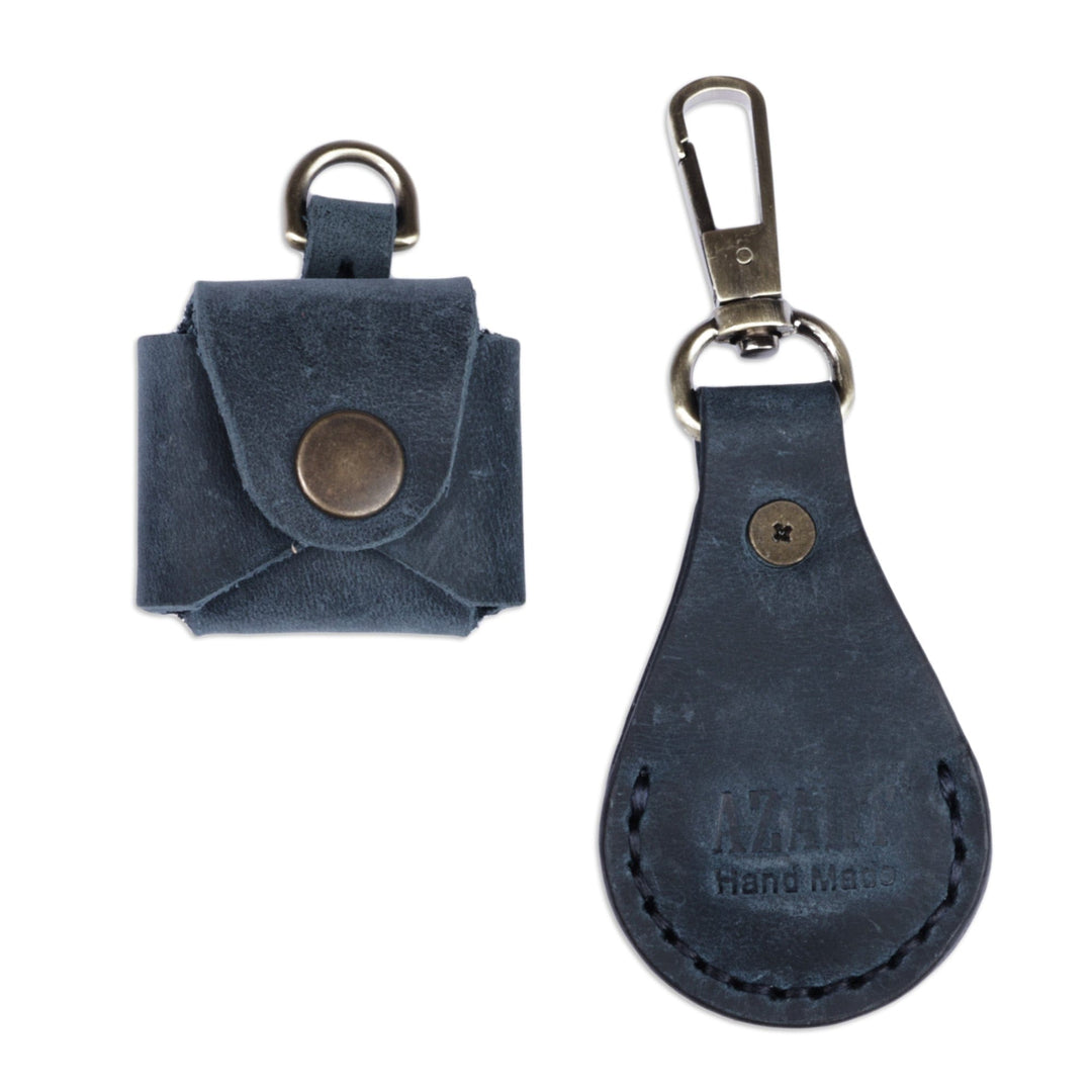 100% Blue Leather Earbud Holder and Keychain Set - Lucky Melody in Blue
